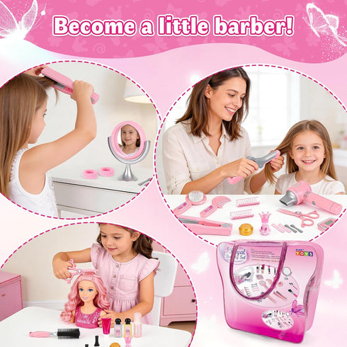 Set Set deAO Hair Salon Toys for Girls Beauty Salon Kids Pretend Hair Styling with Hairdryer, Mirror, Curling Iron
