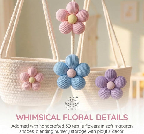 3 2 Tier Cotton Rope Hanging Wall Basket, Cute Flower Decor Wall Mounted Storage Organizer for Nursery, Bathroom