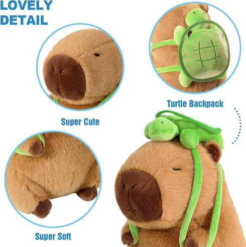 Ditucu Cute Capybara Plush with Turtle Backpack, Kawaii Stuffed Animals, Hugging Gifts for Kids, Brown 9 inch
