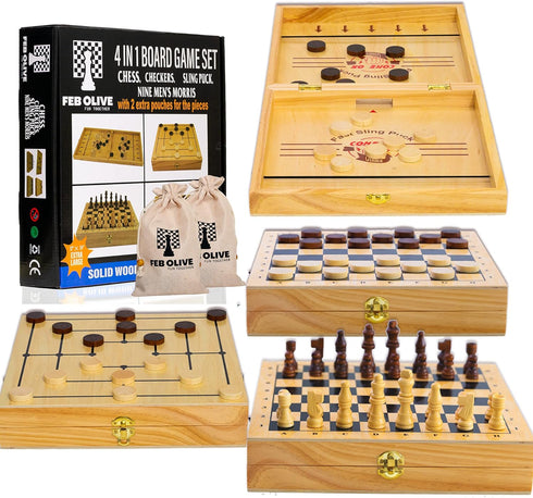 4 in 1 Board Game Set - Extra Large Sling Puck Game, Wooden Chess Board Sets, Checkers for Adults and Kids