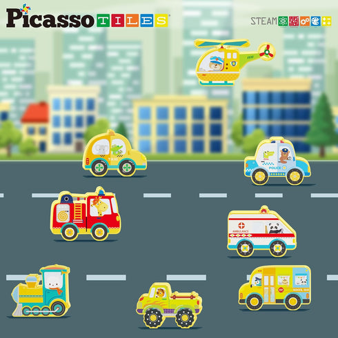 PicassoTiles 8pc Magnet Building Blocks Metro City, Vehicle Magnetized Action Figures, STEAM Educational Toys
