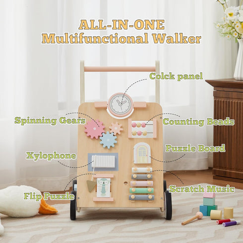 9+ Wooden Baby Walker, Baby Push Walker with Wheels Multiple Learning Activity Center Baby Walker Adjustable Height