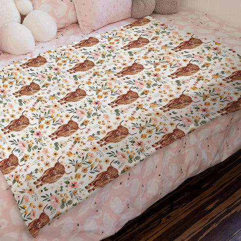 Highland Cow Floral Boho Retro Baby Blanket, Girls Gift, Western Farm Animal Yak Flower Flannel Fleece 30 x 40