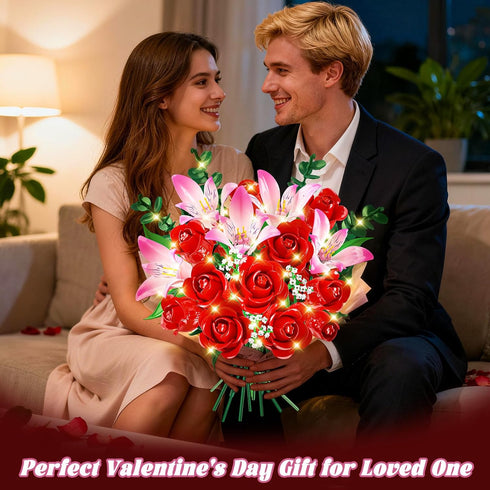 Set CUBIMANA Rose Flower Bouquet Building with LED - Red Rose Botanical Collection Kit for Adults Women