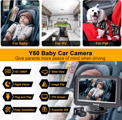 Yakry 1080P, 170 360 Y60 Baby Car Camera for Backseat - HD Wide Angle, Night Vision, Rotation, Safe for Babies, Easy