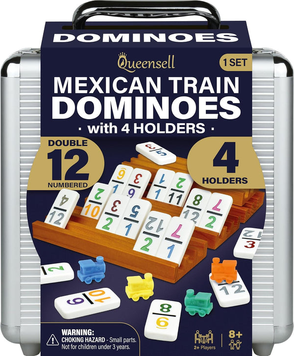 Queensell Mexican Train Dominoes Set - Double 12 with Numbers and 4 Holders - Wooden Hub and Tiles Holders