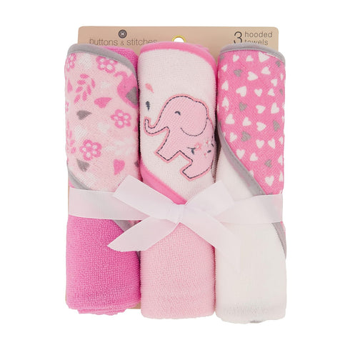 3 Pack GS71729 Cudlie Buttons & Stitches Baby Girl Rolled/Carded Hooded Towels in Blooming Elephant Print