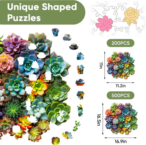 200 11.2'' 11' Mys Aurora Succulent Wooden Puzzles for Adults, Piece Unique Shaped Wood Jigsaw Puzzles for Adults