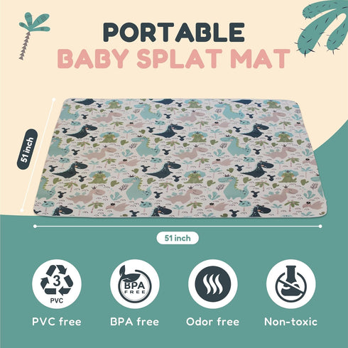 Baby Splat Floor Mat for Under High Chair, Washable Waterproof Portable Anti-Slip Mat, 51 x 51 inches (Green Dinosaur)