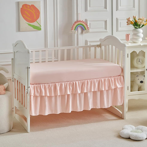 Set 3 Lace Ruffle Crib Bedding Pieces Baby Boho Lace Quilted Comforter with Fitted Sheet and Bed Skirt - Cute Ruffled