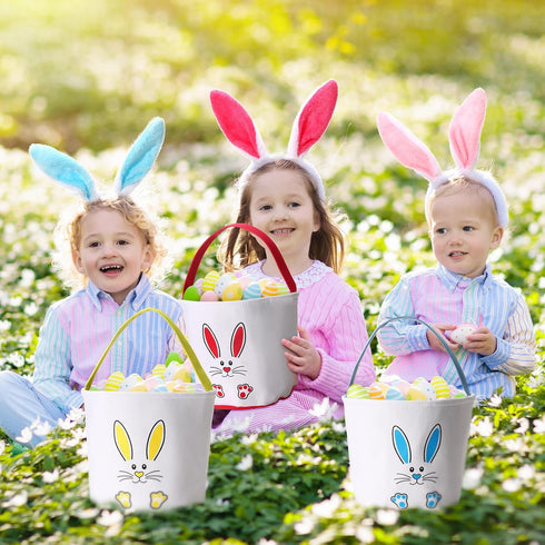 12 Set Domensi Pcs Easter Basket for Kids Canvas Easter Baskets with Handles and Plush Bunny Ear Headbands, Reusable