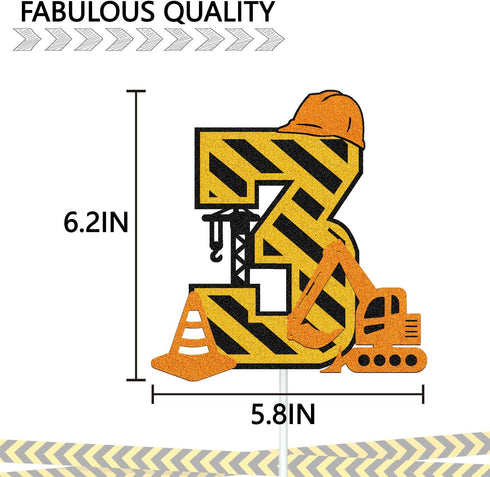 Construction 3rd Birthday Cake Topper for Kids, Truck Excavator Forklift Dump Bulldozer Party Supplies