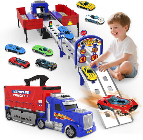 SpringFlower Carrier Truck Race Track Toys, Boy Toys for 3 4 5