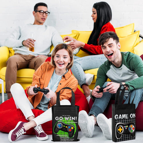 Ferraycle 24 Pack Video Game Themed Gift Bags Video Game Party Favors Non Woven Reusable Goody Treat Bags with Handles Game Themed Birthday Party Supplies for Kids Boys, 4 Styles (Black)