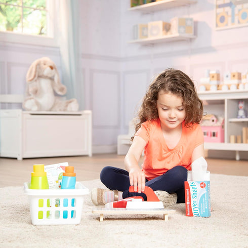 Melissa & Doug 14 Pcs Laundry Basket Pretend Play Set with Wooden Iron and Ironing Board
