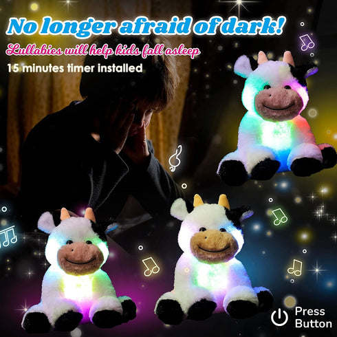 Cuteoy Glowing LED Cow Nightlight, Musical Plush Stuffed Animal with Lullabies, Gifts for Kids, 10"