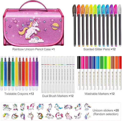 Set 48 4-6-8, Set 4 5 6 7 8 9 beefunni Unicorn Washable Markers pcs with Glitte Pencil Case, Art Supplies for Kids Ages