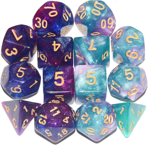 DND Dice 2 X 7 Sets, 14 Pieces Glitter Sparkle Cosmic Mixed Polyhedral Dice for RPG MTG Table Games