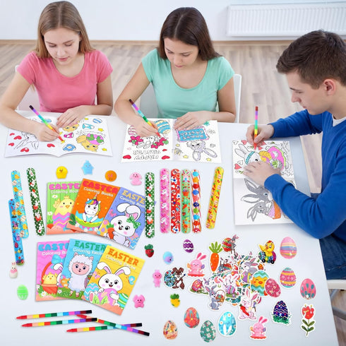 110 Set Seajan Pcs Easter Party Favors Gift Easter Bunny Coloring Book Bulk Crayon Bracelet Stress Ball Sticker