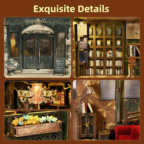 MiniCity Book Nook Kit, DIY Miniature Dollhouse Book Nook Kit with Dust Cover and LED Light (Saisons Caf)
