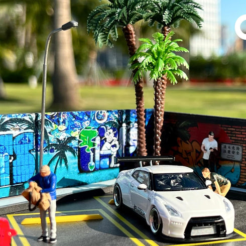 Hotwheels Display Case 1/64, Scenic Diorama Car Park with LED Lights, Model Display Case for 5 Parking Spaces