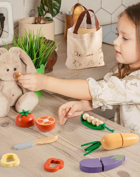Set, Playset 3+, Set ROBUD Wooden Toy Food Cutting Play Food for Kids Kitchen Accessories Pretend Toy Food with Storage
