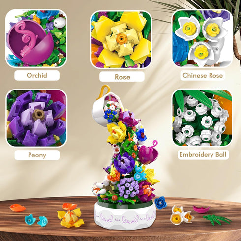 571PCS Set 6+ HOGOKIDS Flowers Music Box Building Block Kit with Light- Valentines Day Gifts Decoration Rotating Music