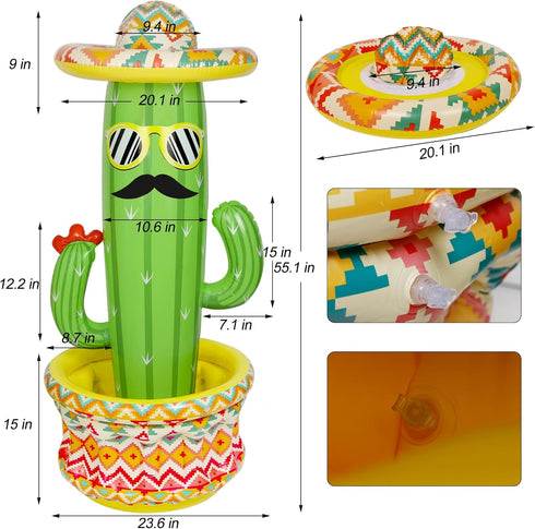 55" Summer Swimming Triumpeek Inflatable Cactus Cooler, Fiesta Cactus Ice Bucket Wearing Sombreros for Pool Hawaiian