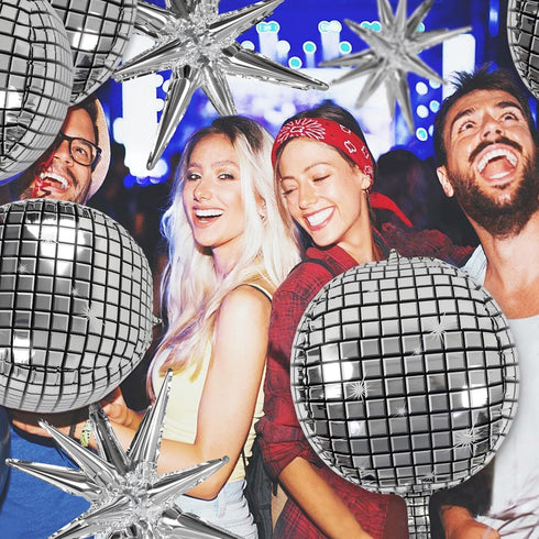 OuMuaMua 9pcs Disco Ball Balloons for 70s Disco Party Decor, 22 Inch Large 4D Metallic Silver Balloons with Stars