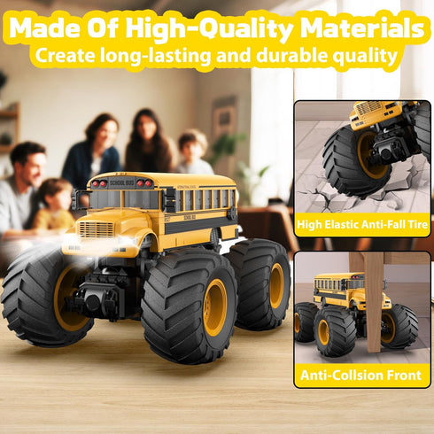 1/18 2.4GHz Remote Control School Bus Toy for Kids, RC Monster Truck Toy with LED Lights & Sound, Rechargeable Electric