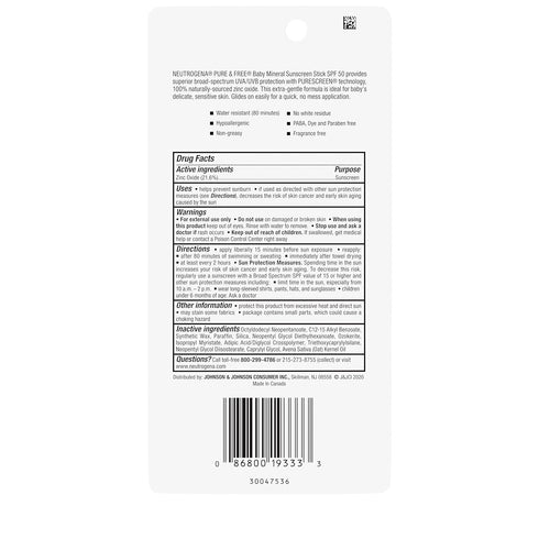 50, Pack 2 Neutrogena Mineral Sunscreen Stick, SPF Zinc Oxide | Water-Resistant | Hypoallergenic | For Baby |
