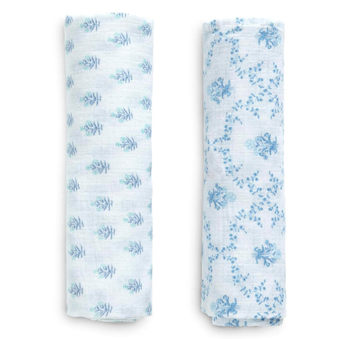 Delta Children 100% Cotton Muslin Baby Receiving Blankets 47x47 Inches, Pack of 2 Blue Botanicals