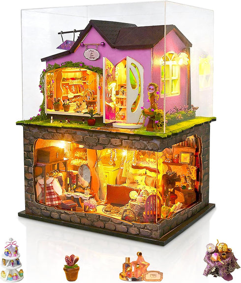 Miniature House Kit, DIY Dollhouse Kits with Lights and Dust Cover, The