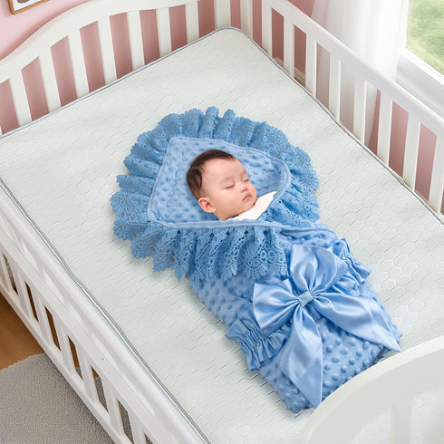 Elegant Blue Knitted Baby Swaddle Blanket with Lace and Bow - Perfect for Newborns