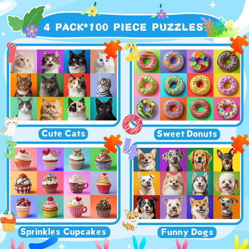 Ciesa 4 Packs 100 4-6 6-8 8-10, 4-6 Piece Puzzles for Kids Ages Dogs Cats Cupcakes Donuts Educational Jigsaw Puzzles