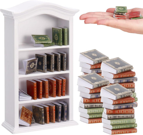 36 Pcs 1:12 Scale Miniatures Dollhouse Books and 1 White Wooden Bookcase,4