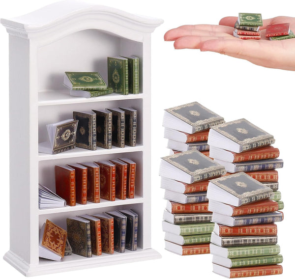 36 Pcs 1:12 Scale Miniatures Dollhouse Books and 1 White Wooden Bookcase,4