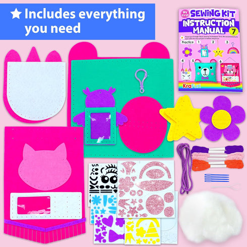 KRAFUN My First Sewing Kit for Kids - 7 Easy DIY Projects of Stuffed Animal Dolls and Plush Pillow Craft
