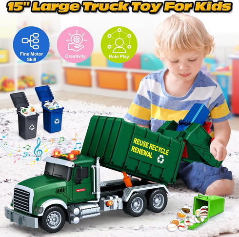 3 4 5 6 7 Boy,15" SpringFlower Toy for Years Old Large Garbage Truck Toys for Kids,Friction Powered Garbage Truck