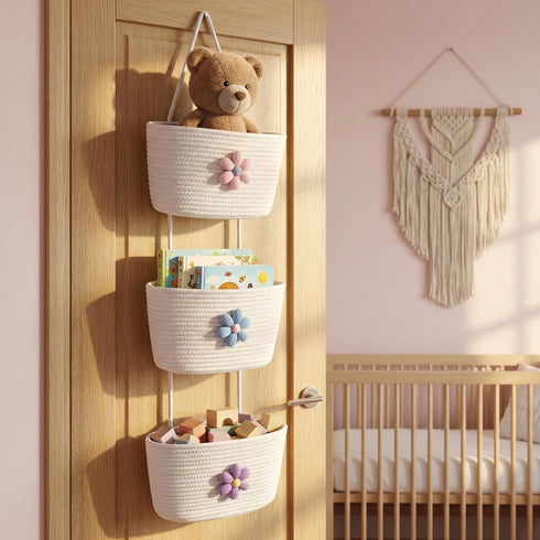 3 2 Tier Cotton Rope Hanging Wall Basket, Cute Flower Decor Wall Mounted Storage Organizer for Nursery, Bathroom