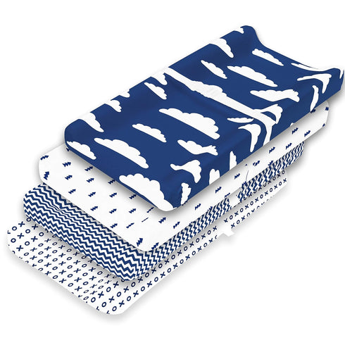 Premium Baby Changing Pad Covers 4 Pack - Pure Cotton Machine Washable Navy and White Changing Table Cover