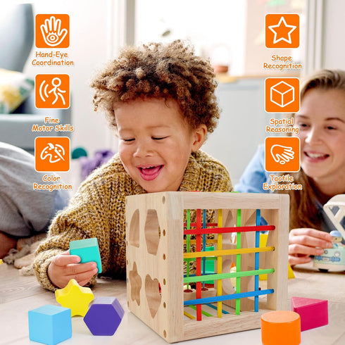 1+ 8pcs Packaging HELLOWOOD Montessori Toys for Year Old, Wooden Sorter Cube with Rattling Shapes, Developmental