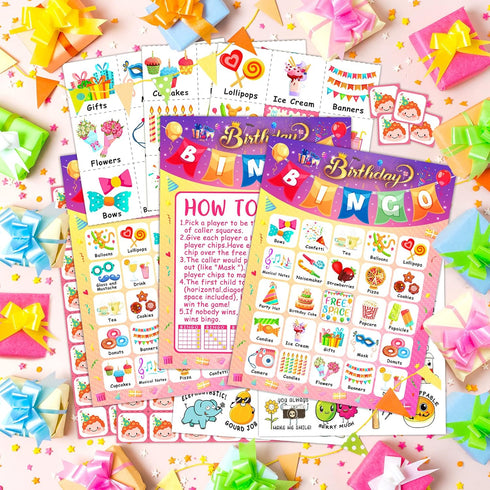 Happy Birthday Bingo Cards - 24 Players Birthday Party Game for Kids, Family Birthday Party Favor