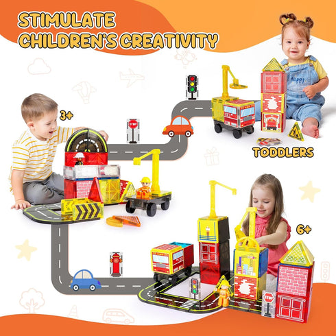 Set 2 2 3-5 5-7, 3+ Magnetic Tiles Road with Fire Trucks & Dolls, Double-Sided Magnet Tiles with Cranes, Toys for Boys