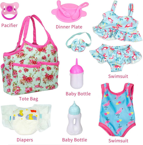 UNICORN ELEMENT 8 Pcs Baby Doll Clothes and Accessories, Feeding and Caring Set with Diaper Bag, Best Gift for Kids