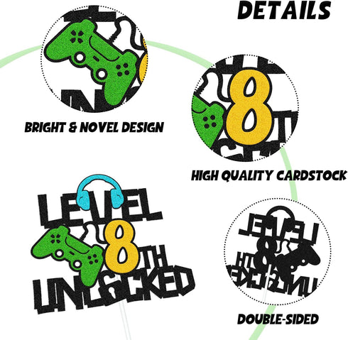 Happy 8th Birthday Cake Topper, Level 8 Unlocked for Boys, Video Game Controller Theme Party Supplies