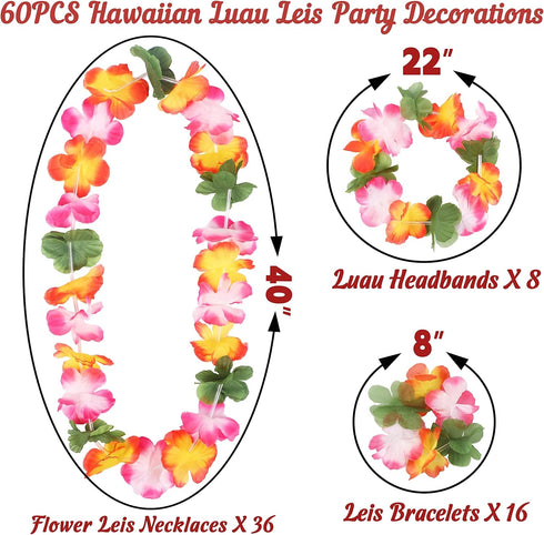 jollylife 60PCS Hawaiian Luau Leis Necklaces, Bracelets, Headbands for Tropical Summer Party Decorations