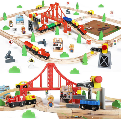 TOY Life 80pcs Wooden Train Set - Fits Thomas Brio Melisa Chugginton, Toddler Boy Toy Train Set, 3+