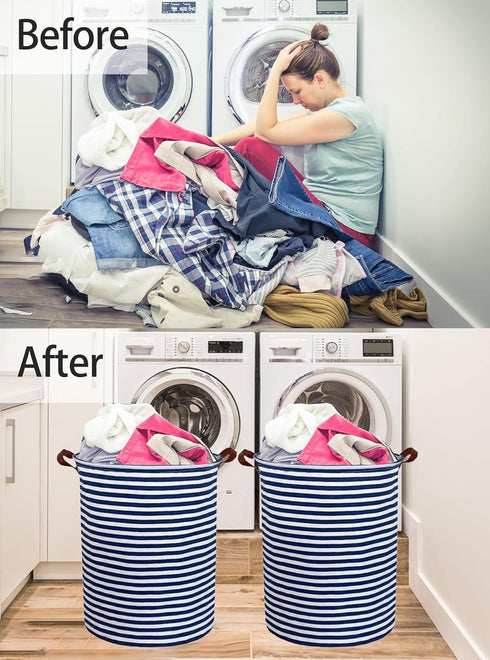 ESSME 2pack Kids Laundry Hamper, Collapsible Blue Storage Basket with Waterproof PE Coating, Canvas Fabric