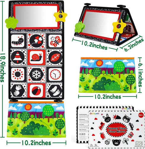 Dr.Rapeti Tummy Time Floor Mirror for Baby Infant Toddler Kids Black and White High Contrast Baby Toy with Crinkle Cloth Book Teethers Floor Activity Toy Washable Non-Toxic